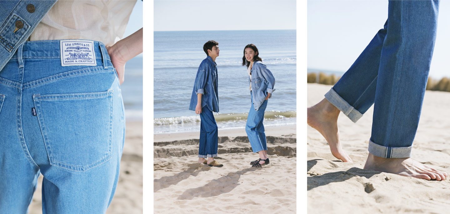 Man and Woman Styled in Made in Japan Jeans and Walking on the Beach - Levi's Hong Kong